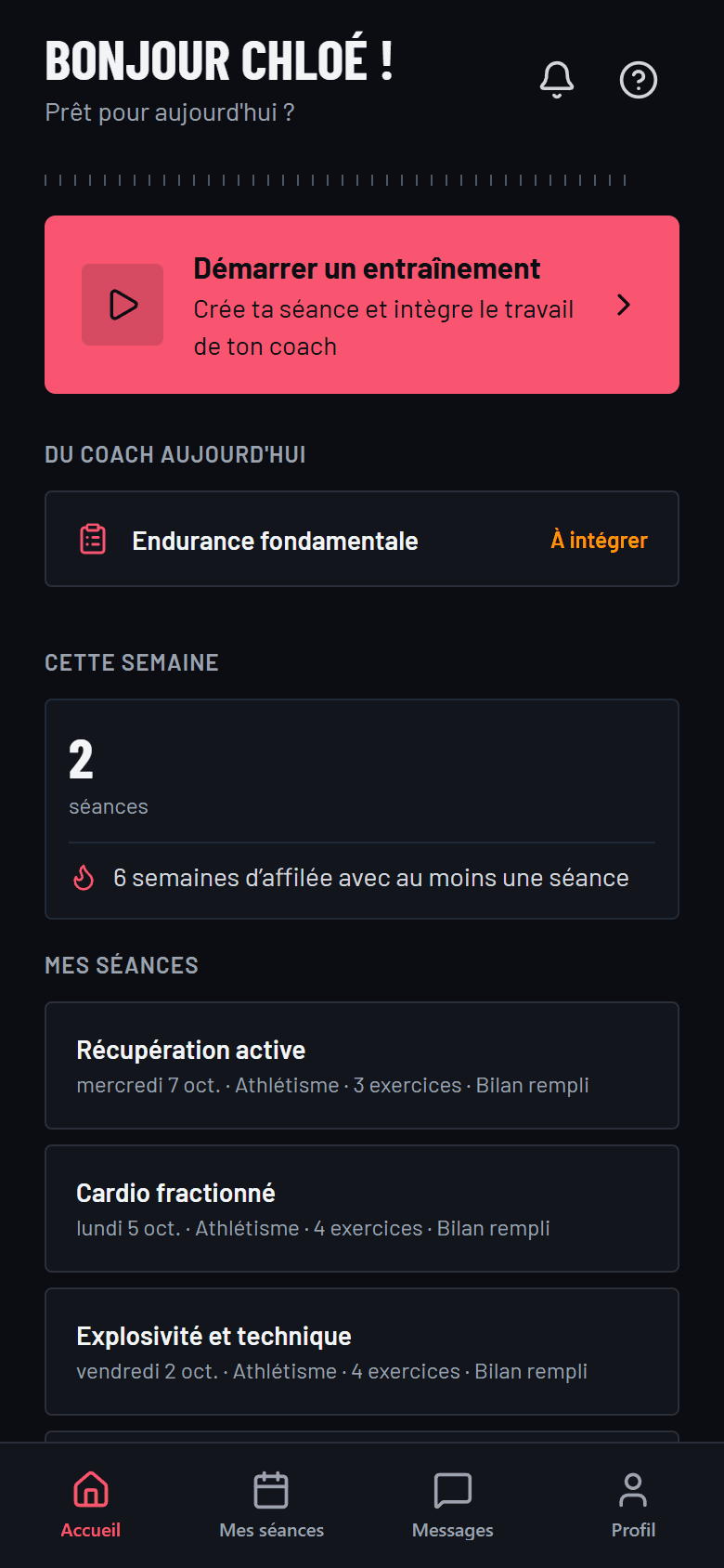 Accueil de l’athlète sur téléphone : séance du coach du jour, séances de la semaine et dernières séances
